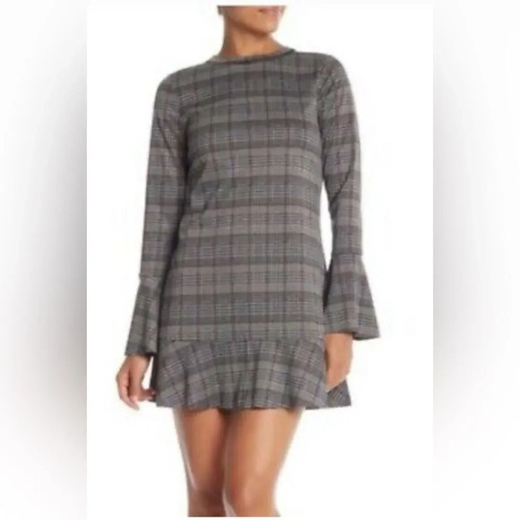 Michael Stars black/white/deep burgundy plaid bell sleeve ruffle hem knit midi - Picture 1 of 9